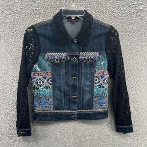 Womens Western Denim Jacket Small Boho Patchwork Lace Sleeve Embroidered Artsy